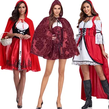 Halloween Chapeuzinho Vermelho Vestuário Feminino Adulto, Idade Média Manto Contos De Fadas Uniforme, Cosplay, Anime Carnaval De Desempenho