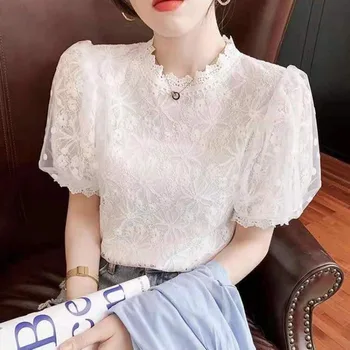As Mulheres De Renda Branca Blusas De Verão 2023 Moda Ocos Preto Blusas Mujer Casual Estilo Coreano Elegante Puff Tops De Manga Vintage