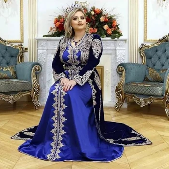 Azul real Marroquina Kaftan Muçulmano Vestidos de Noite de Uma linha de Mangas compridas de Veludo Apliques de Dubai árabe Turquia Caftan Islâmica Vestido