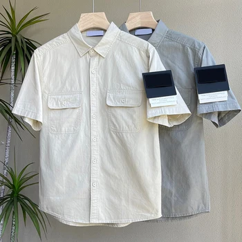 A coleção primavera / Verão Camiseta masculina Manga Curta com Bolso de Multi Vintage Vestuário de trabalho, virada para Baixo de Gola Blusas, Tops Casuais Roupas de Trabalho MA848