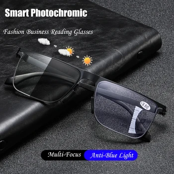 HUYING Fotossensíveis Óculos de Leitura Homens Mulheres Progressiva Multi-Foco Anti Luz Azul Metal Hipermetropia Presbiopia Óculos 1.0-4.0
