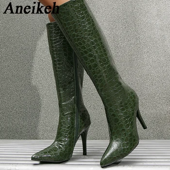 Aneikeh 2024 Moda Sexy de Pontas Finas Saltos Joelho Alto Botas de Mulheres da Primavera/Outono PU Crocodilo de Costura Chelsea Boots Festa de Bola