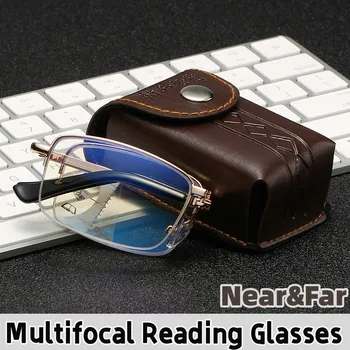 Portátil Multifocais Óculos de Leitura Vintage Anti-Luz azul Óculos Bifocais Homens Mulheres Muito Perto de Sihgt Óculos com a Caixa do Couro