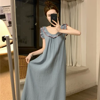 O Coreano Verão Azul Camisola Mulheres O Pescoço De Babados Longo Pijamas Soltas De Algodão Casual Dress Noite Doce Simples Sem Encosto