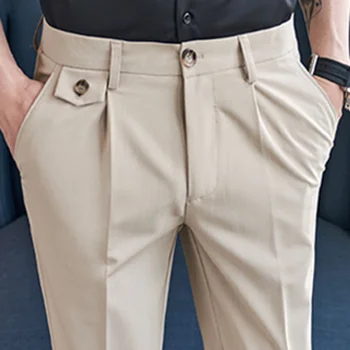 Negócios Versátil Cinto das Calças Cavalheiro Paris Botão de Calça de Moda Mens Vestido de 2023 Queda de Cintura Alta em linha Reta s Homens