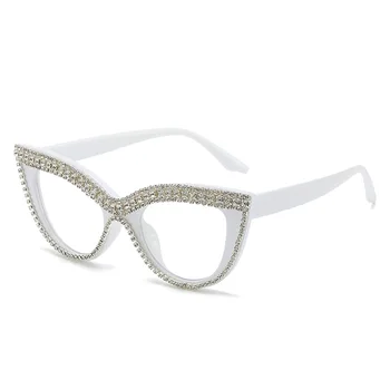 Novas simples diamante conjunto de óculos de sol anti-luz azul espelho proteger os olhos retro olho de gato diamante cadeia de óculos de sol das mulheres