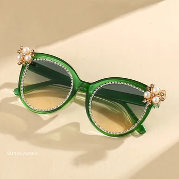 Marca Designer Vintage, Óculos Estilo Olho De Gato Mulheres 2023 Luxo Redonda Grande Moldura Pérola Incrustada De Diamantes De Óculos De Sol Tendência Verde Óculos