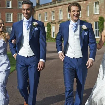 Feito Slim Fit Azul Royal Blazer Calças de Ternos masculinos 3Pcs(Casaco+Calça+Colete+Gravata)Simples e Elegante Noivo Casamento Smoking de Baile