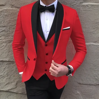 Vermelho Slim Fit Ternos masculinos com Xale Preto Lapela para o Casamento, Baile de formatura Smoking 3-Peça de Paletó (Casaco + Colete + Calça)