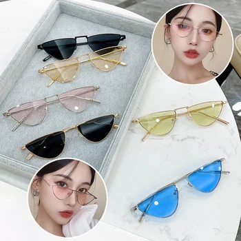 Nova Marca Do Designer De Pequeno Olho De Gato Óculos De Sol De Estilo Mulher Vintage Metal Óculos Para Mulheres Oceano Espelho