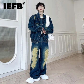 IEFB Quebrado Buraco Jeans Definir a Tendência dos Homens Vintage Jaqueta Casaco Retro Estilo coreano Baggy Jeans Solta Wearproof Maré Streetwear 9C2178