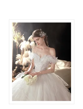 Personalizado bege principal do vestido de casamento de céu Estrelado nova noiva fofa saia de grande cauda magro vestido de princesa