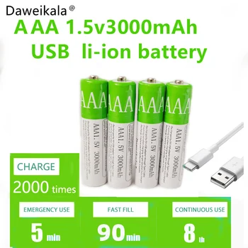 Novo 2023 USB Pilhas Recarregáveis AAA de 1,5 V 5500 mAh li-ion bateria para controle remoto mouseElectric brinquedo bateria + Tipo-C Cabo