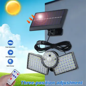 LED do Sensor de Movimento de luz Solar à prova d'água IP65 3 Cabeças de Segurança, Luzes de Inundação Separado Solar do Painel de Controlo Remoto Lâmpada de Parede