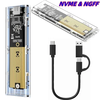 50pc M. 2 NVME PCIe NGFF SATA Dual Protocolo SSD Caso Claro de USB Tipo C de 10 gbps, PCI-E SATA M2 SSD Externo Gabinete de Disco Rígido na Caixa
