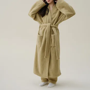 Senhoras Quimono Manto de Lã Pijama Prolongado Grosso Moda Inverno de Lã Roupão de banho Confortável E de Algodão Grosso Manto para as Mulheres