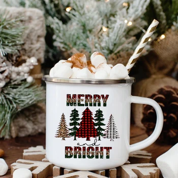 Feliz Brilhante Árvore De Natal De Impressão De Crianças Caneca De Esmalte Branco Copo De Água Esmalte Xícara De Café, Casa De Decoração De Natal De Presentes Para Amigo Da Família