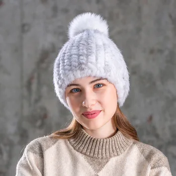 Das Mulheres da forma Real de vison chapéu de Inverno quente em vison com estampa de pele de malha chapéus Mulheres de pele de raposa bola pac