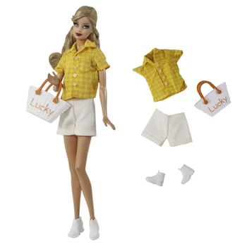 1 Conjunto De Roupa De Moda Amarela Camisa +Short Branco+Bolsa+Sapato De Senhora Do Escritório Casual Terno Para A Boneca Barbie Acessórios De Roupa De Brinquedo