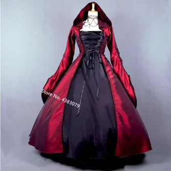 Personalizado Feito Gótico Preto Bruxa Cosplay Traje com Capuz Vestido de Festa de Halloween Dress Prom Dress com Saia