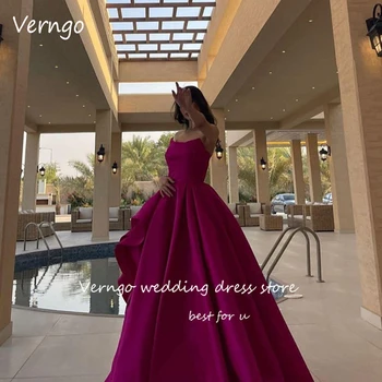 Verngo Fuschia De Cetim De Uma Linha De Longos Vestidos De Noite Árabe De Dubai Femme Formais Elegantes Vestidos De Baile Ocasião Vestido De Festa De Casamento