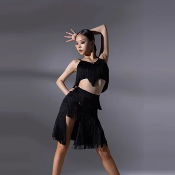 Franjas De Dança Latina Bra + Conjuntos De Saia Adultos Rumba, Tango Chacha De Borla Concorrência Vestidos Latina Vestidos De Festa Funda Borla