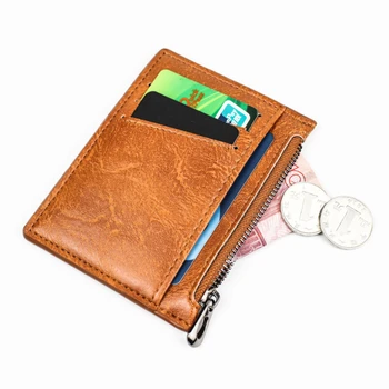 Casual criativo fina zíper titular do cartão de crédito retro couro dos homens mini-curta carteira pequena bolsa da moeda