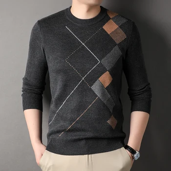 Nova Marca De Moda Knitred Blusas De Lã Homens Luxo Estampa Geométrica Jumper Outono Inverno Quente Macio Pullover Dos Homens De Roupas
