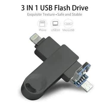 3 em 1 OTG USB 3.0 Flash Pen Drive de Metal de um Stick de Memória flash Usb 3.0 Disco de 32GB e 128GB 64GB 256G para iPhone /Android/Tablet PC