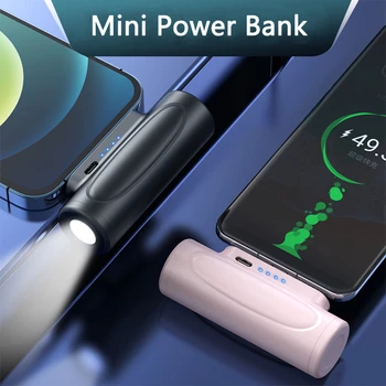 Mini Banco do Poder de 5000mAh para iPhone 14 13 X Samsung S22 S23 Xiaomi Mi Powerbank Externo Bateria Carregador Portátil com Lanterna
