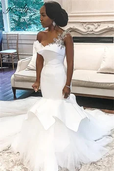 Yczzly Um Ombro Vestido De Noiva Sereia Com Diamante Querida Cetim Africano Vestido De Noiva De Trem Da Catedral De Tule Vestido Noiva