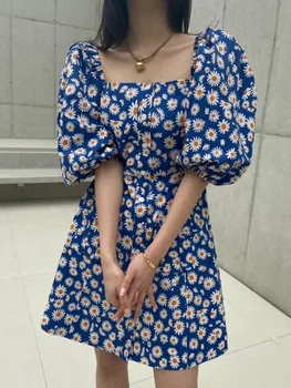 2023 Mulheres de Verão Curto Daisy Vestido de Flores Puff Manga Praça Gola Único Breasted Mini Sundress com Bolsos
