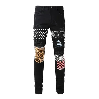 Rock punk estilo de design Homens Estrelas de Impressão Jeans Leopard Patches Trecho Calças Furos Rasgados Preta Skinny, Calças Afuniladas