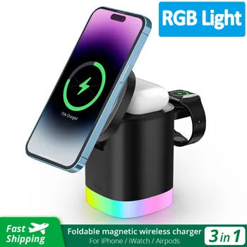 Luz do RGB 3 em 1 Magnéticos sem Fio Suporte do Carregador Para o iPhone 14 13 12 Apple Assista 8 7 6 Airpods iWatch Rápido Carregamento Dock Station