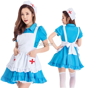 Novo Azul Branco Empregada Traje De Halloween Enfermeira Cosplay Uniforme Tentação Traje De Desempenho Traje Lolita Traje