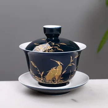 Azul brilhante de Degustação de Xícara de Chá de Chá Chinês Conjunto de Bowl de Cerâmica Gaiwan Chawan copo d'água com Tampa Pires Teaware Fácil de Viagem Aperto de Mão Pote