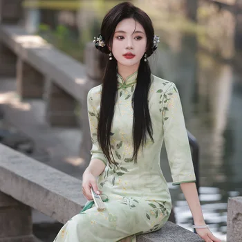 Yourqipao Outono de Camurça Melhorado Verde Cheongsam Vintage Elegante Diário Qipao Chinês Tradicional Estilo de Vestido de Noite para Mulheres