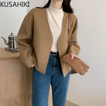 KUSAHIKI Outono Inverno Elegante de Lã pêlo Curto Mulheres 2023 Sólido Cardigan Causal coreano de Moda Manga Longa com decote em V Aberto de Ponto