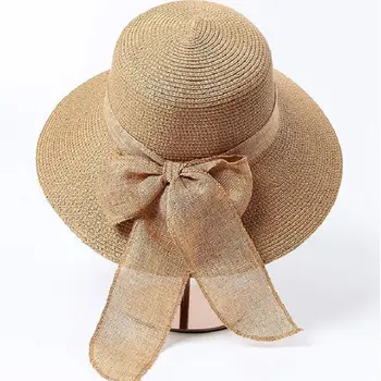 Nova Verão As Mulheres De Chapéu De Palha Bowknot Aba Larga Disquete Dobrável Cap Viagens De Férias De Praia Hat