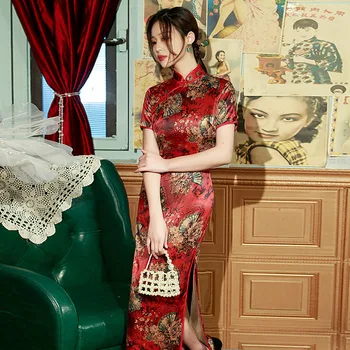 Yourqipao Verão de camada Dupla Vermelho Longo Cheongsam Passarela de Moda Retrô Fotografia Qipao Estilo Chinês Vestido de Noite para Mulheres