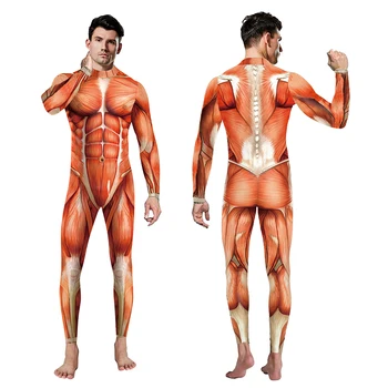 Adultos Festa de Halloween Traje Cosplay 3D Muscular Impresso Macacão Elástico da Anatomia Humana e Corpo Body Homens Mulheres Macacão de Roupas