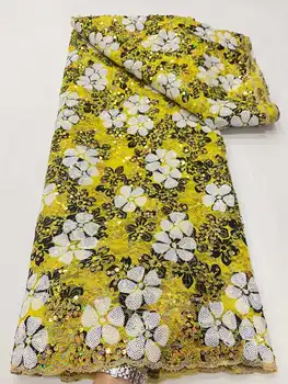 Moda Africana de Veludo Tecido do Laço De 5 Jardas de Alta Qualidade Vestido de Noite de Luxo 3D amarelo Paetês Bordados Nigeriano Tecido de Renda