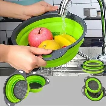 1Pcs de Silicone Verde Redonda Dobrável Vegetais, Frutos de Lavar roupa Cesta de Drenagem Hangable Cozinha Ferramentas de Filtro de Água Cesta de Água