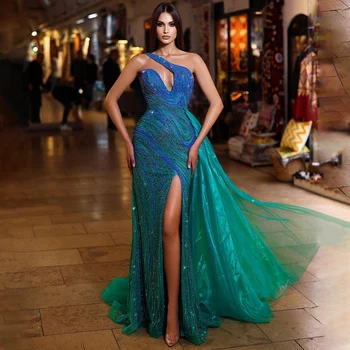 Serena Colina Azul Verde Sereia Sexy Alta Dividir Um Ombro Frisado Longos Vestidos de Noite Vestidos Para as Mulheres, Festa de Casamento GLA72104