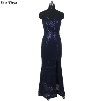 É Yiiya Real Foto Vestidos de Noite Azul Marinho Vestido de alcinhas Sereia do Tornozelo-comprimento de Mulheres Plus size Vestidos de Festa K083
