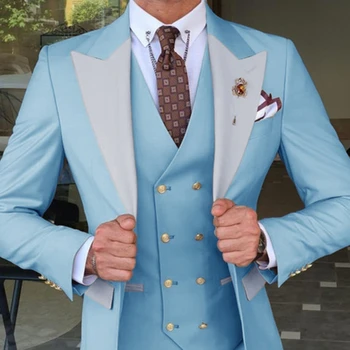 Luz Azul Noivo Smoking Homens de Terno Pedaço de 3 Slim Fit Melhor Homem a Festa de Casamento de Ternos Feitos sob Medida Custume Homme( Blazer+Colete+Calça )