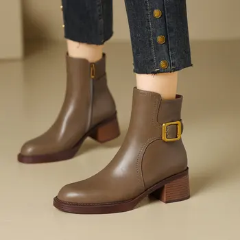 2024 Clássico Mulheres Ankle Boots Rouned Dedo De Espessura Salto Alto Outono Inverno De Trabalho Casuais Sapatos De Mulher Nova Chegada Tamanho 34-40