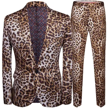 Moda masculina Casual Boutique estampa de Leopardo Boate Estilo Jaqueta de Terno Calças / Masculino Duas Peças Blazers Casaco Calças Conjunto