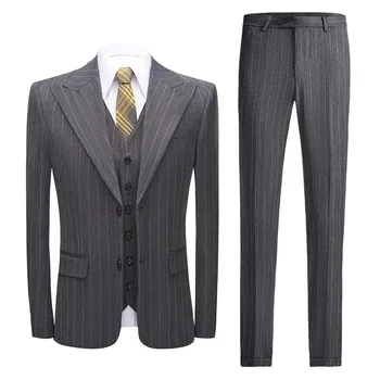 2023 Novo (Blazer+ Colete + Calça) Moda masculina Cavalheiro Listras Casual de Negócios Slim-fit local de Trabalho do Noivo do Casamento do Terno 3 Peças