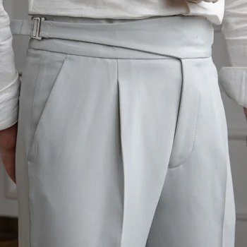 Cavalheiro Paris Botão Calças Moda Cinza Claro Mens Vestido De Calça Reta De Cintura Alta, Calças De Homens De Negócios Versátil Cinto Calças